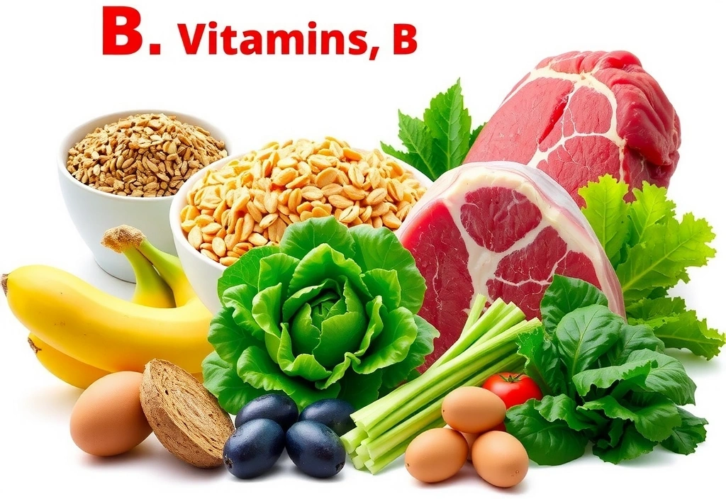 Εικονογράφηση διαφόρων τροφών πλούσιων σε βιταμίνες Β, όπως δημητριακά ολικής άλεσης, κρέας, αυγά και πράσινα φυλλώδη λαχανικά.