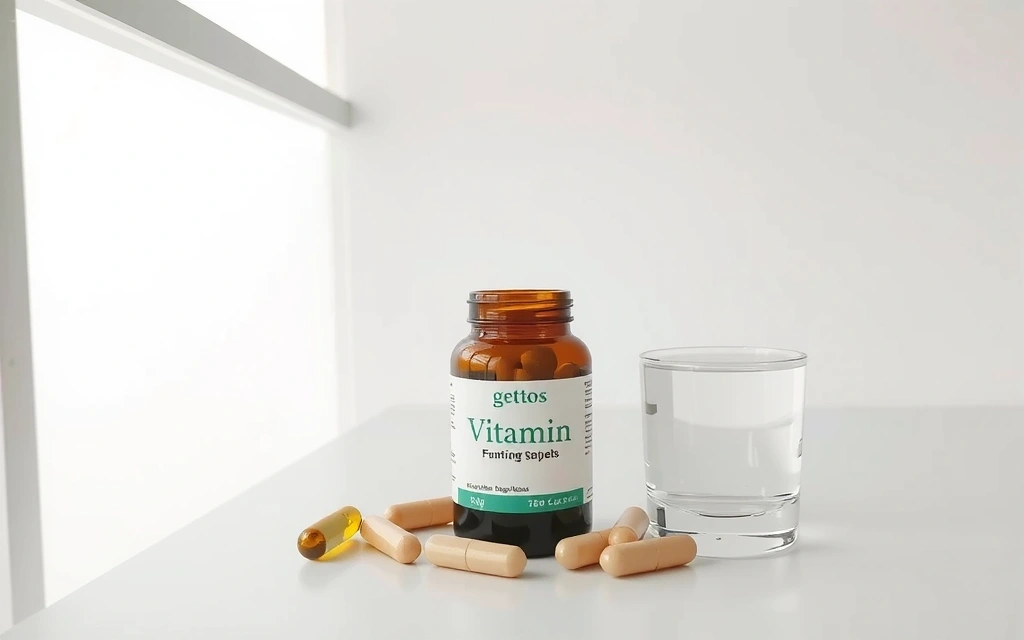 Μια χούφτα συμπληρώματα βιταμινών δίπλα σε ένα ποτήρι νερό, σε ένα καθαρό και μινιμαλιστικό περιβάλλον.
