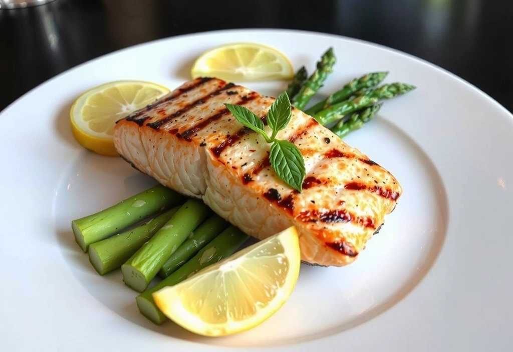 Ψητός σολομός με σπαράγγια και φέτες λεμονιού σε ένα πιάτο.