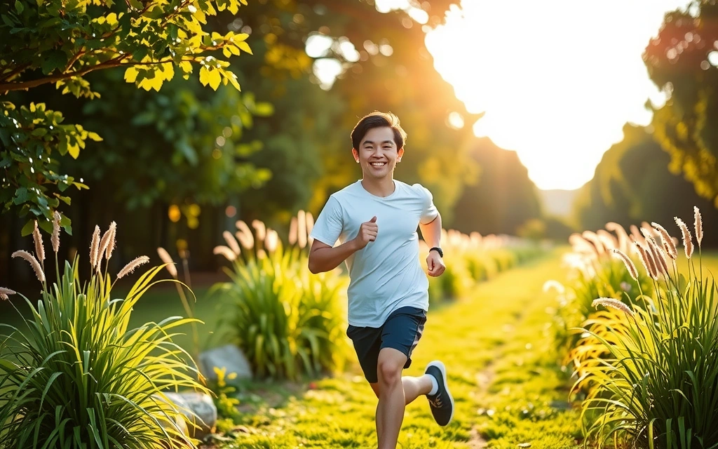 Άτομο γεμάτο ενέργεια που χαμογελάει, τρέχοντας σε ένα καταπράσινο τοπίο με τον ήλιο να λάμπει.
