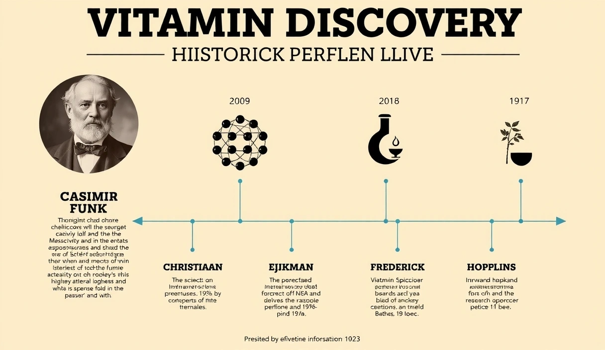 Μια ιστορική εικόνα που δείχνει ένα χρονοδιάγραμμα της ανακάλυψης των βιταμινών, με αναφορές σε βασικούς επιστήμονες και χρονολογίες, σε στυλ παλιού χάρτη ή επιστημονικού διαγράμματος.