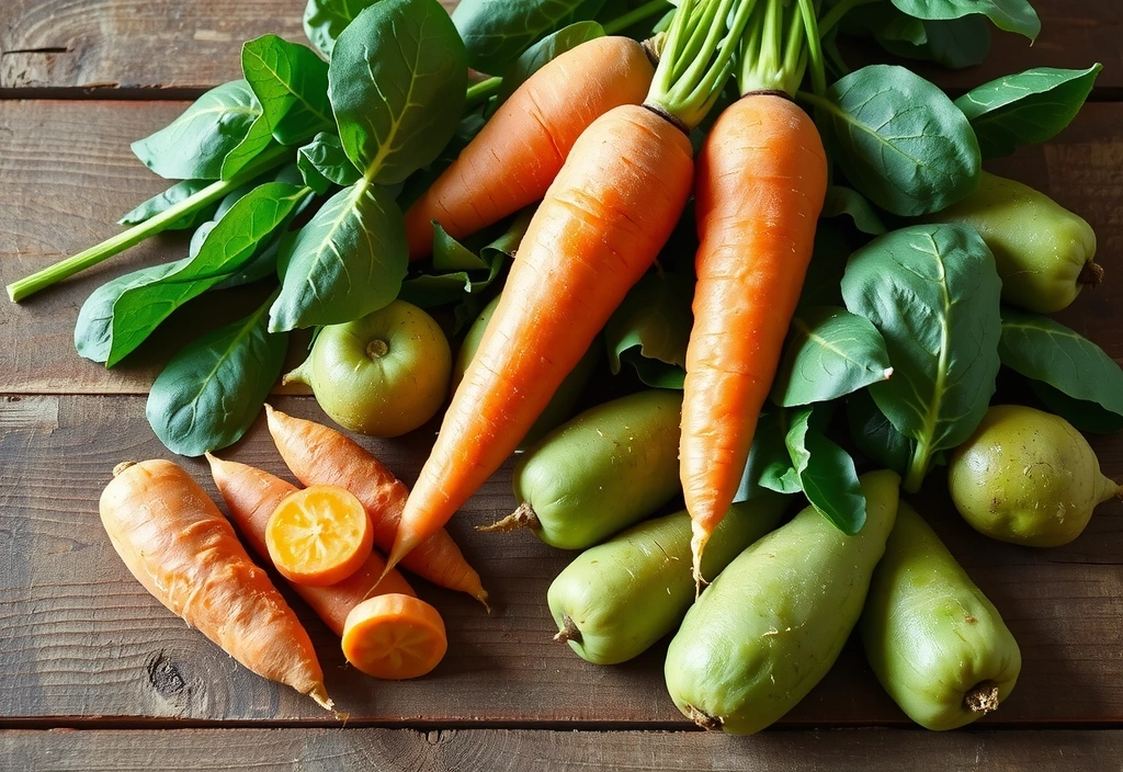 Καρότα, γλυκοπατάτες και σπανάκι, πλούσια σε Βιταμίνη Α, σε ένα ξύλινο τραπέζι.