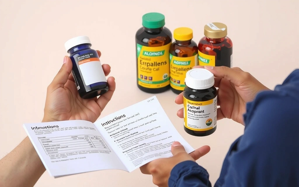 Χέρια που κρατούν διάφορα μπουκάλια συμπληρωμάτων και φυλλάδια με οδηγίες, τονίζοντας την προσοχή στη δοσολογία.