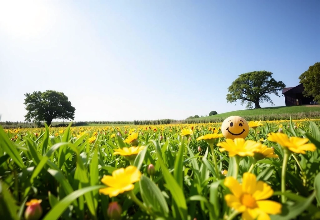 Ένα χαμογελαστό πρόσωπο σε ένα ηλιόλουστο λιβάδι, συμβολίζοντας τη βελτιωμένη διάθεση και την ψυχική ευεξία.
